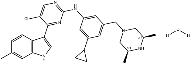 2-Pyrimidinamine, 5-chloro-N-[3-cyclopropyl-5-[[(3R,5S)-3,5-dimethyl-1-piperazinyl]methyl]phenyl]-4-(6-methyl-1H-indol-3-yl)-, hydrate (1:1), rel- Struktur